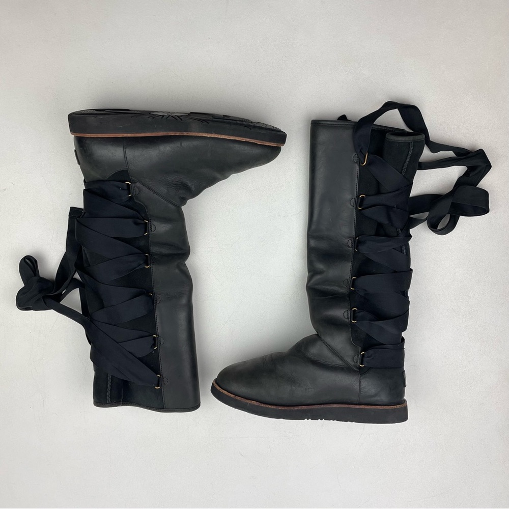 UGG Augustine 1003194 Black Leather Tall Boot Lace Back Women Size 9